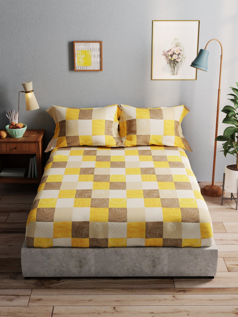 100% Pure Cotton Double Bedsheet With 2 Pillow Covers <small> (checks-yellow)</small>