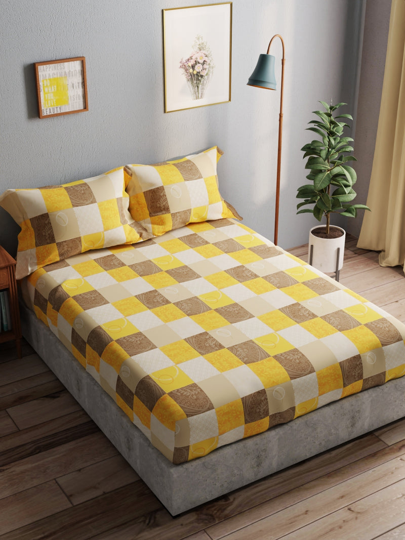 100% Pure Cotton Double Bedsheet With 2 Pillow Covers <small> (checks-yellow)</small>