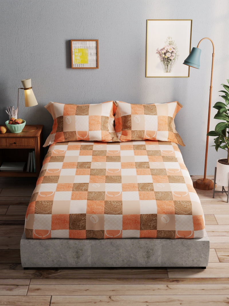 100% Pure Cotton Double Bedsheet With 2 Pillow Covers <small> (checks-orange)</small>