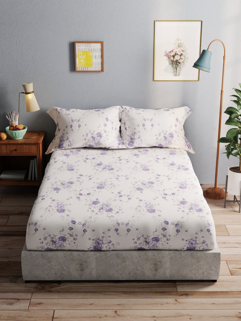 100% Pure Cotton Double Bedsheet With 2 Pillow Covers <small> (floral-lilac)</small>