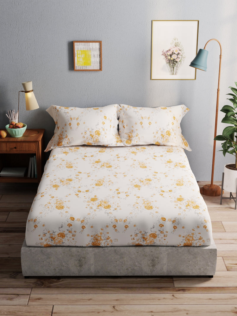 100% Pure Cotton Double Bedsheet With 2 Pillow Covers <small> (floral-yellow)</small>