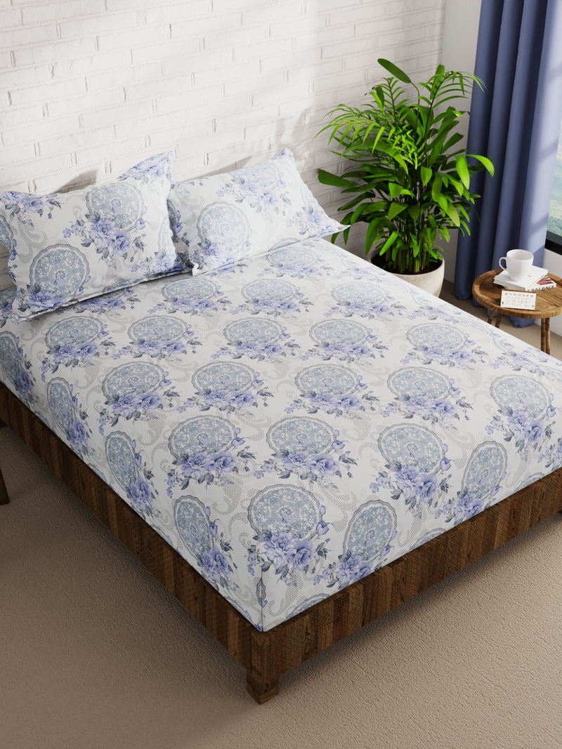 Extra Smooth Micro Double Bedsheet With 2 Pillow Covers <small> (floral-grey/blue)</small>