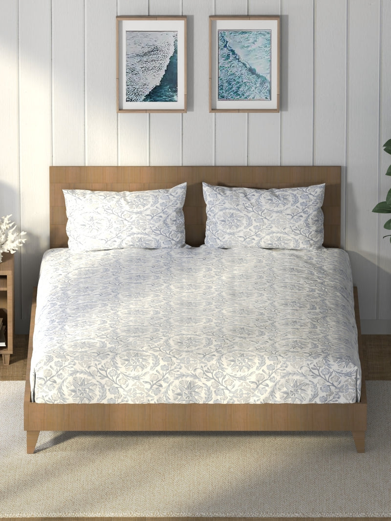 Super Soft 100% Cotton King Bedsheet And 2 Pillow Covers <small> (floral-vesselgrey)</small>