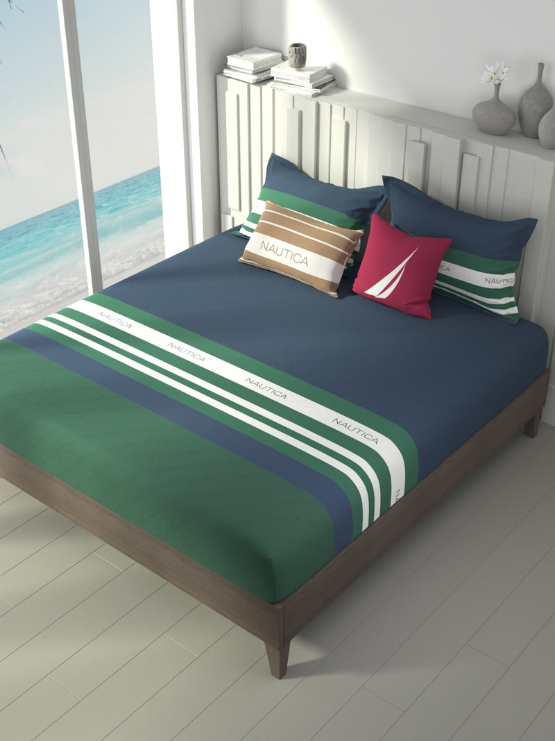 100% Premium Cotton King Bedsheet With 2 Pillow Covers <small> (stripe-green/blue)</small>