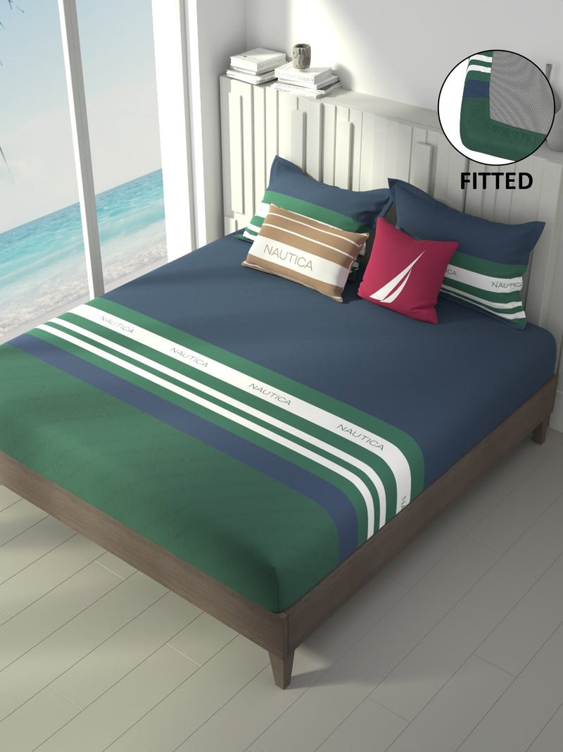 100% Premium Cotton Fitted King Bedsheet With Elastic Corners With 2 Pillow Covers <small> (stripe-green/blue)</small>