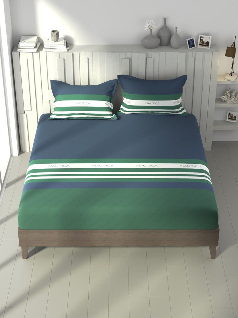 100% Premium Cotton King Bedsheet With 2 Pillow Covers <small> (stripe-green/blue)</small>