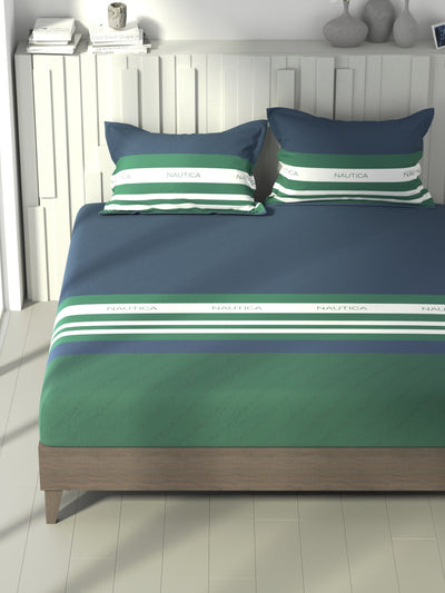 100% Premium Cotton King Bedsheet With 2 Pillow Covers <small> (stripe-green/blue)</small>