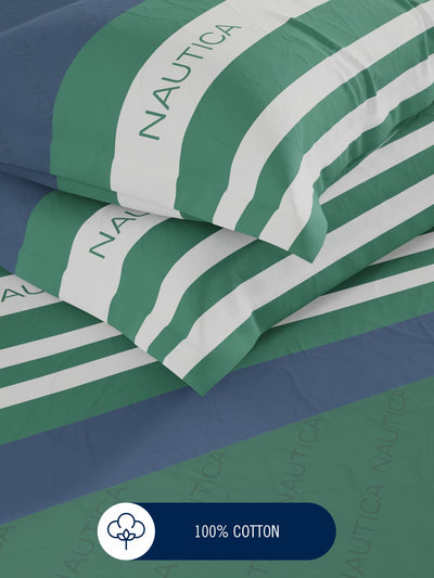 100% Premium Cotton King Bedsheet With 2 Pillow Covers <small> (stripe-green/blue)</small>