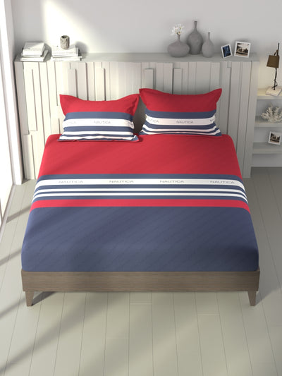 100% Premium Cotton Fitted King Bedsheet With Elastic Corners With 2 Pillow Covers <small> (stripe-blue/red)</small>