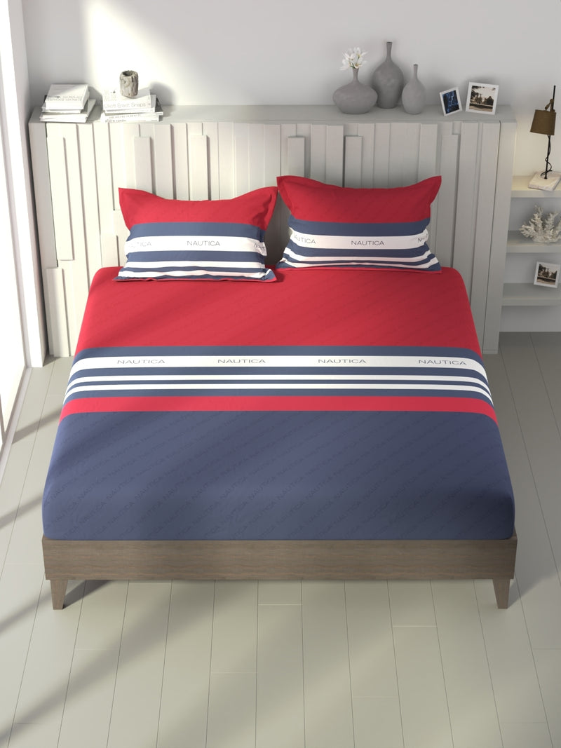 100% Premium Cotton Fitted King Bedsheet With Elastic Corners With 2 Pillow Covers <small> (stripe-blue/red)</small>