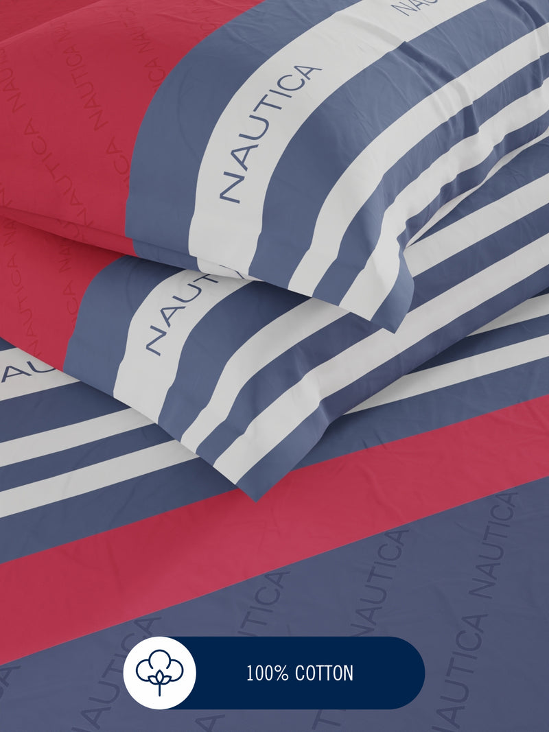100% Premium Cotton Fitted King Bedsheet With Elastic Corners With 2 Pillow Covers <small> (stripe-blue/red)</small>