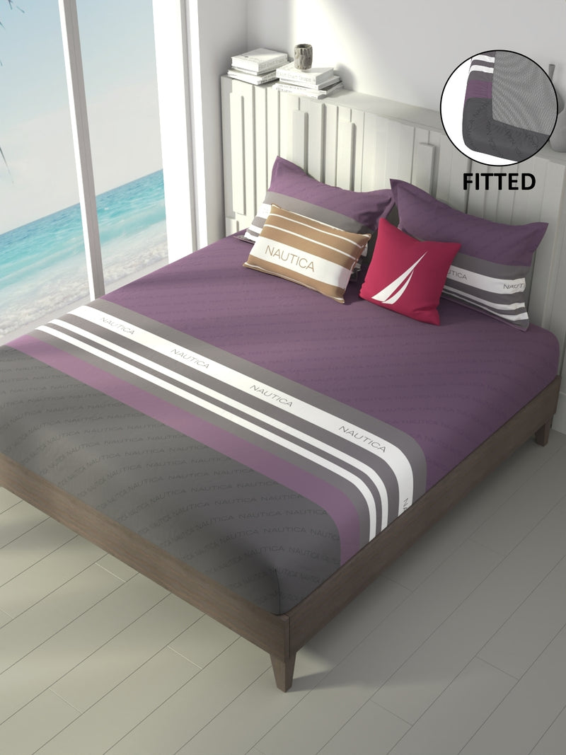 100% Premium Cotton Fitted King Bedsheet With Elastic Corners With 2 Pillow Covers <small> (stripe-wine/grey)</small>