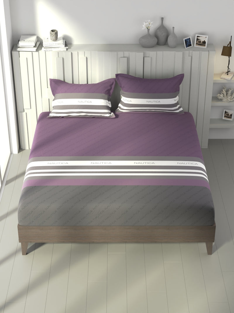 100% Premium Cotton Fitted King Bedsheet With Elastic Corners With 2 Pillow Covers <small> (stripe-wine/grey)</small>