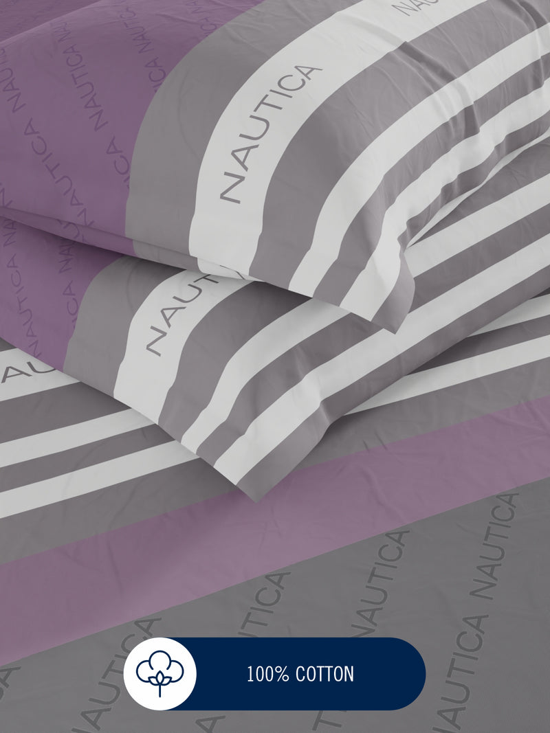 100% Premium Cotton Fitted King Bedsheet With Elastic Corners With 2 Pillow Covers <small> (stripe-wine/grey)</small>