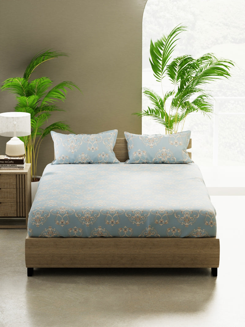 100% Pure Cotton Double Bedsheet With 2 Pillow Covers <small> (floral-skyblue)</small>