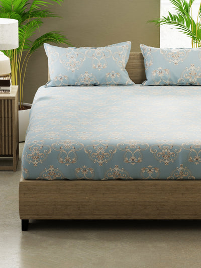 100% Pure Cotton Double Bedsheet With 2 Pillow Covers <small> (floral-skyblue)</small>