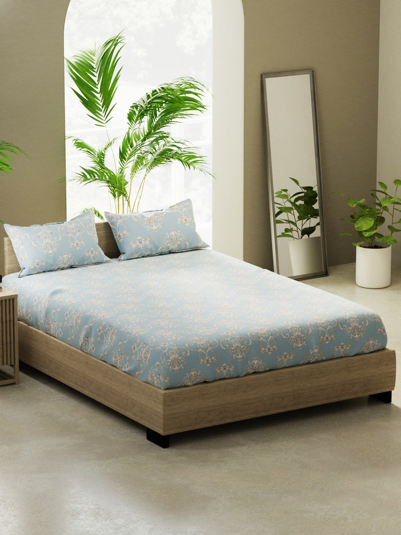100% Pure Cotton Double Bedsheet With 2 Pillow Covers <small> (floral-skyblue)</small>