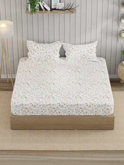 Super Fine 100% Egyptian Satin Cotton King Bedsheet With 2 Pillow Covers <small> (floral-brown)</small>