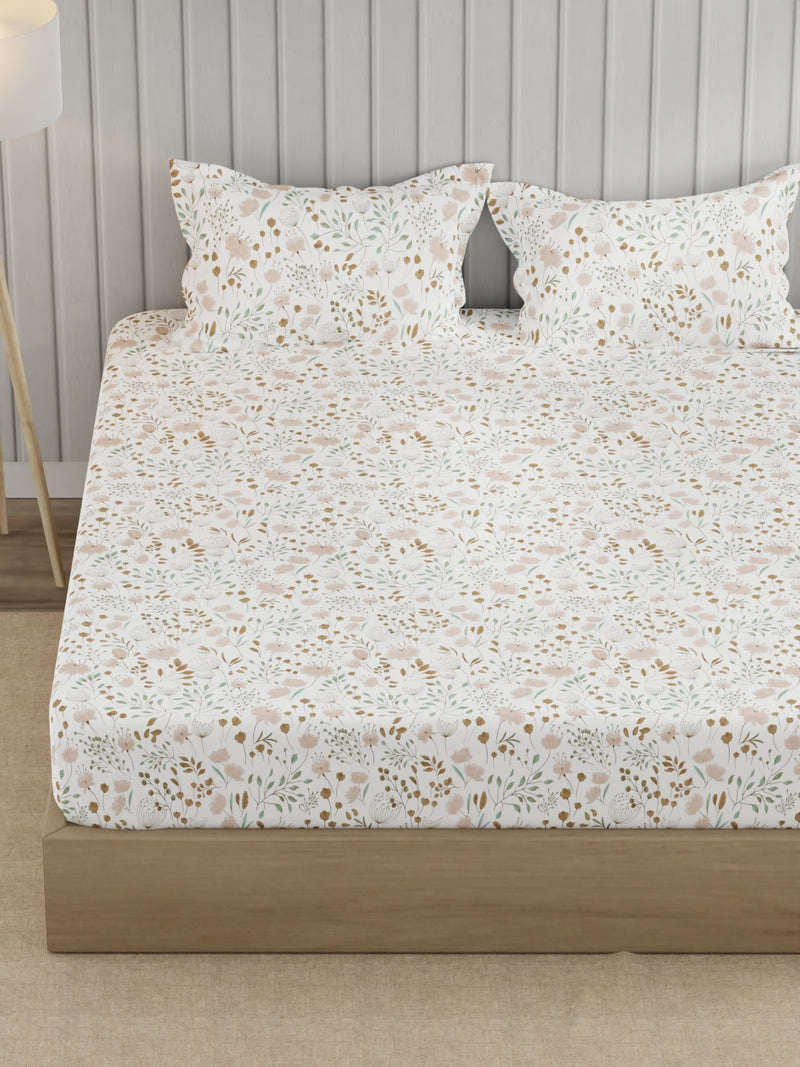 Super Fine 100% Egyptian Satin Cotton King Bedsheet With 2 Pillow Covers <small> (floral-brown)</small>