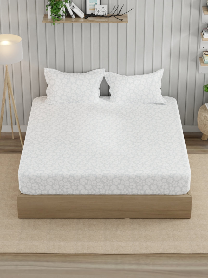 Super Fine 100% Egyptian Satin Cotton King Bedsheet With 2 Pillow Covers <small> (floral-grey)</small>