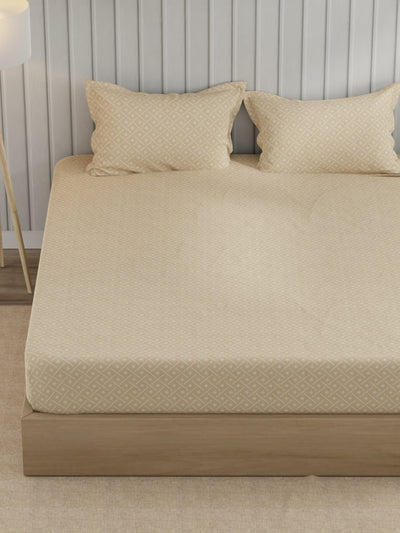 Super Fine 100% Egyptian Satin Cotton King Bedsheet With 2 Pillow Covers <small> (geometric-beige)</small>