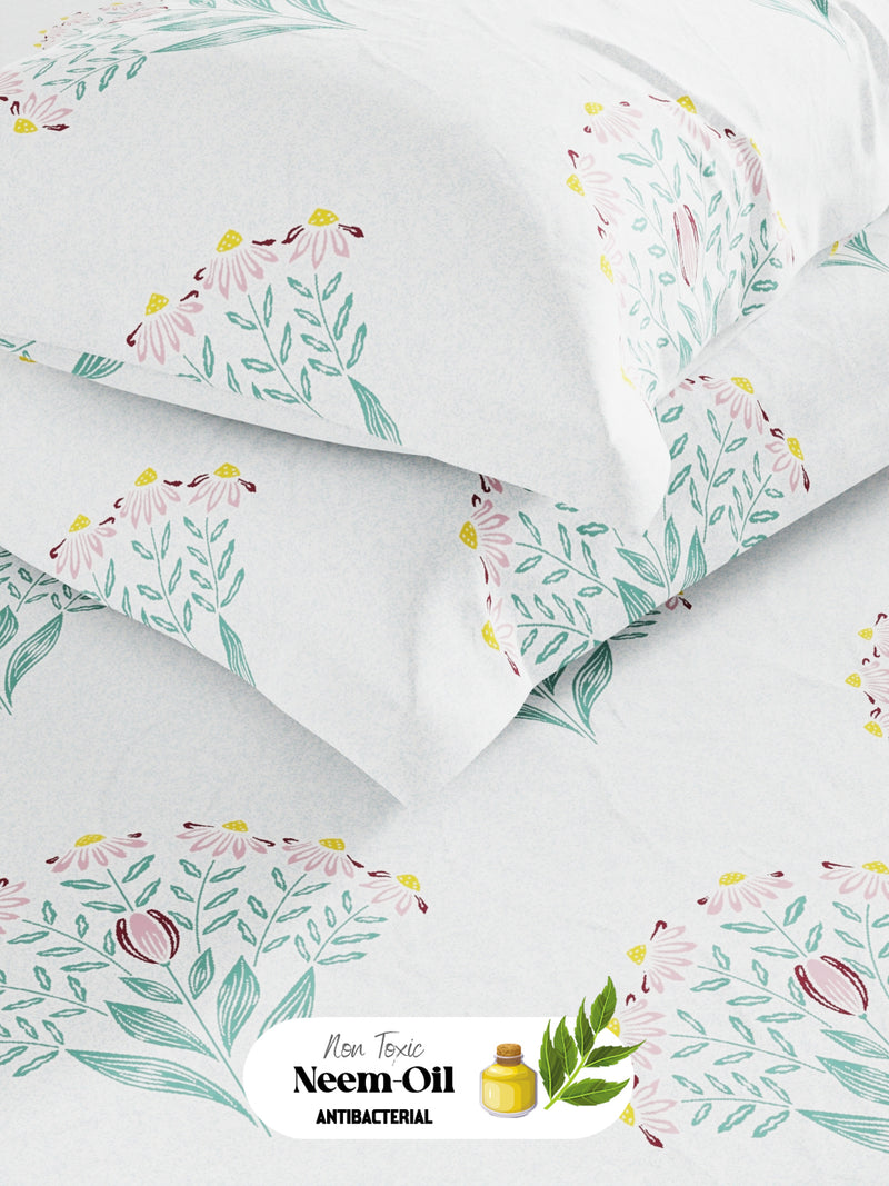 Super Soft 100% Cotton King Bedsheet With 2 Pillow Covers <small> (floral-mint green)</small>
