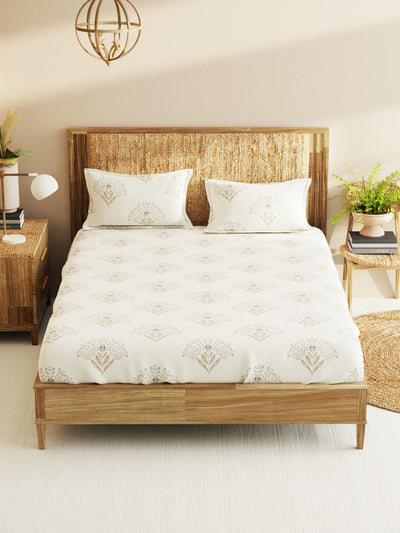 Super Soft 100% Cotton King Bedsheet With 2 Pillow Covers <small> (floral-cream)</small>