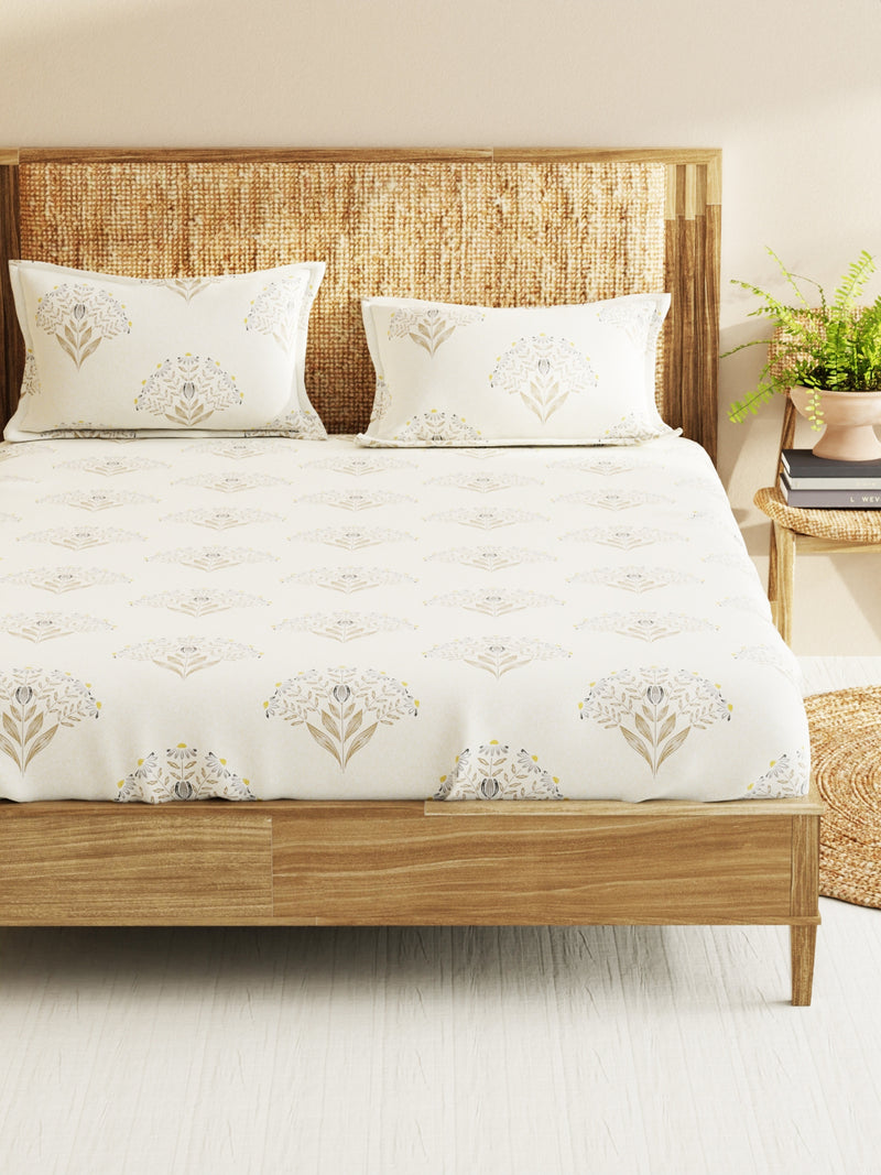Super Soft 100% Cotton King Bedsheet With 2 Pillow Covers <small> (floral-cream)</small>