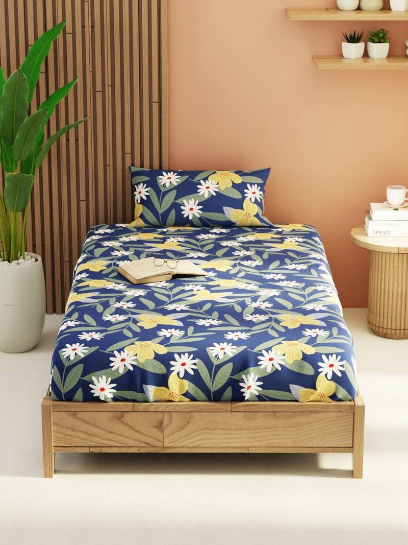 Extra Smooth Micro Single Bedsheet With 1 Pillow Cover <small> (floral-royalblue)</small>