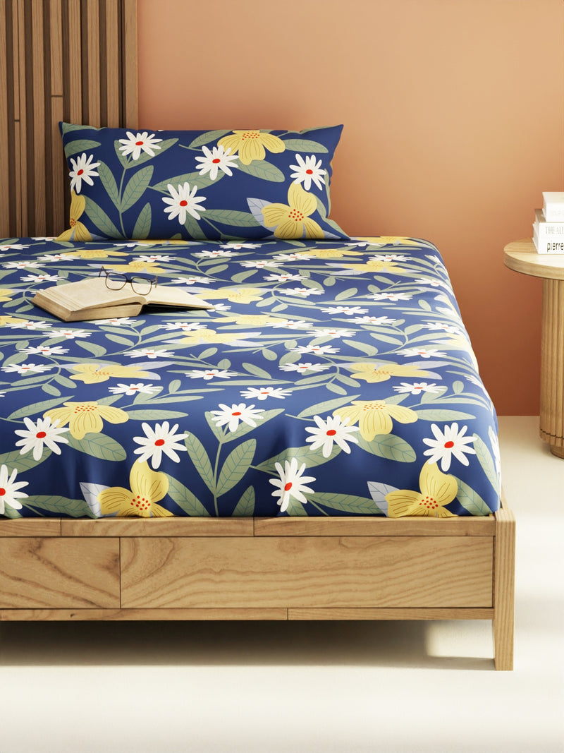 Extra Smooth Micro Single Bedsheet With 1 Pillow Cover <small> (floral-royalblue)</small>