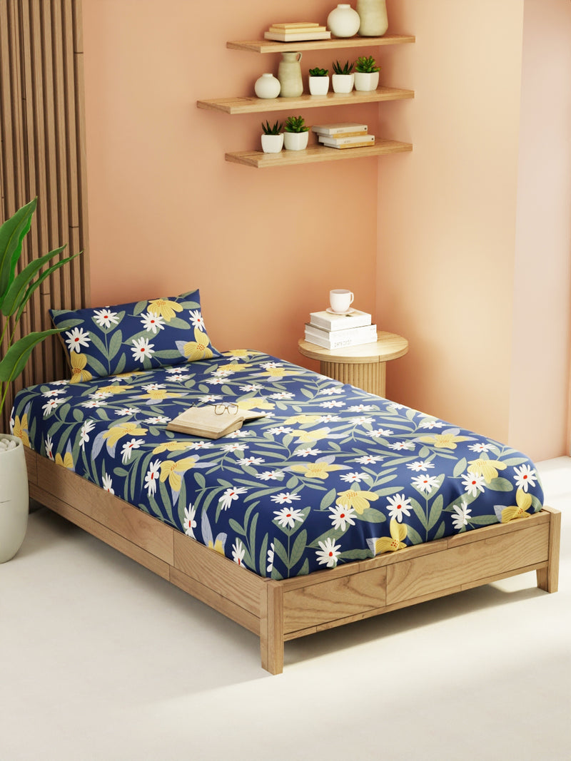 Extra Smooth Micro Single Bedsheet With 1 Pillow Cover <small> (floral-royalblue)</small>