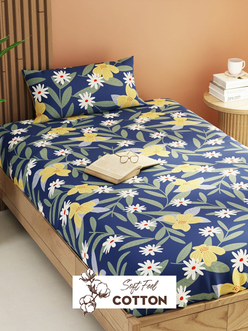 Extra Smooth Micro Single Bedsheet With 1 Pillow Cover <small> (floral-royalblue)</small>