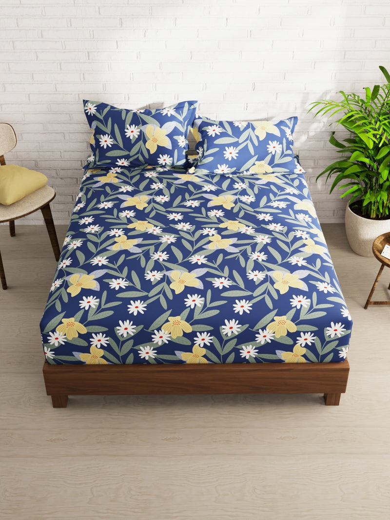 Extra Smooth Micro Double Bedsheet With 2 Pillow Covers <small> (floral-royalblue)</small>