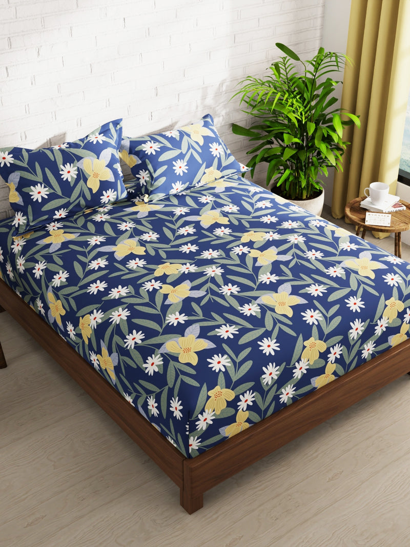 Extra Smooth Micro Double Bedsheet With 2 Pillow Covers <small> (floral-royalblue)</small>