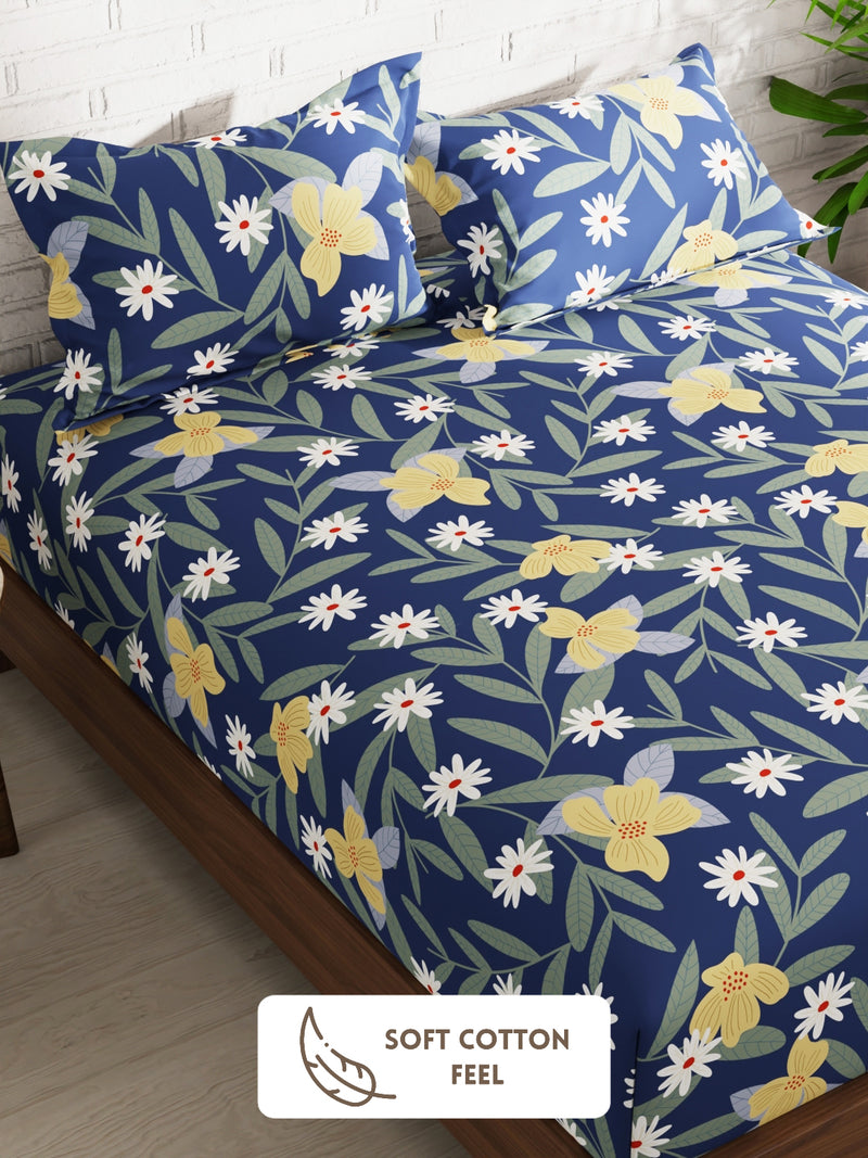 Extra Smooth Micro Double Bedsheet With 2 Pillow Covers <small> (floral-royalblue)</small>