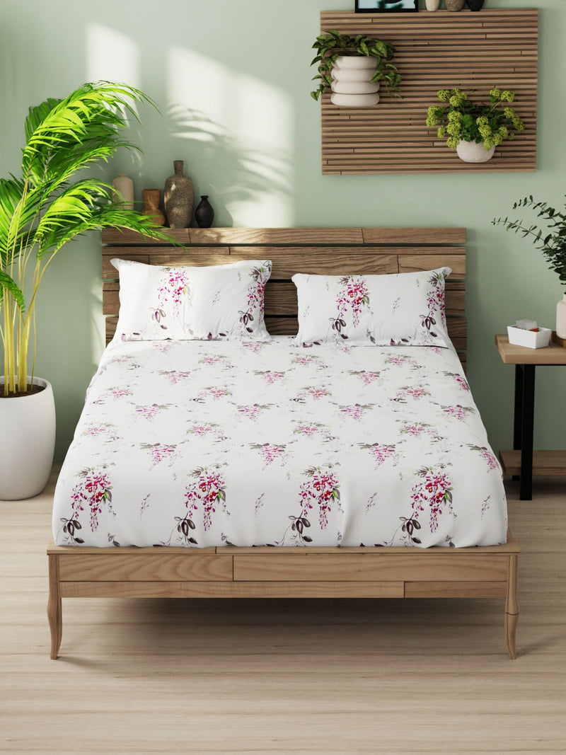 Super Soft 100% Cotton Xl King Size Bedsheet With 2 Pillow Covers <small> (floral-white/pink)</small>