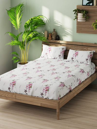 Super Soft 100% Cotton Xl King Size Bedsheet With 2 Pillow Covers <small> (floral-white/pink)</small>