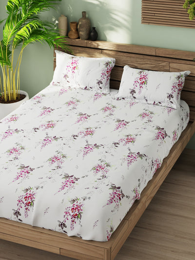 Super Soft 100% Cotton Xl King Size Bedsheet With 2 Pillow Covers <small> (floral-white/pink)</small>