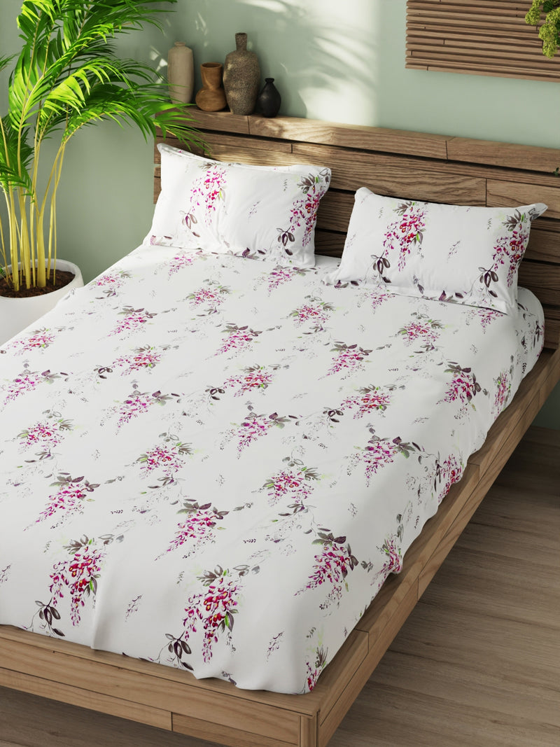 Super Soft 100% Cotton Xl King Size Bedsheet With 2 Pillow Covers <small> (floral-white/pink)</small>