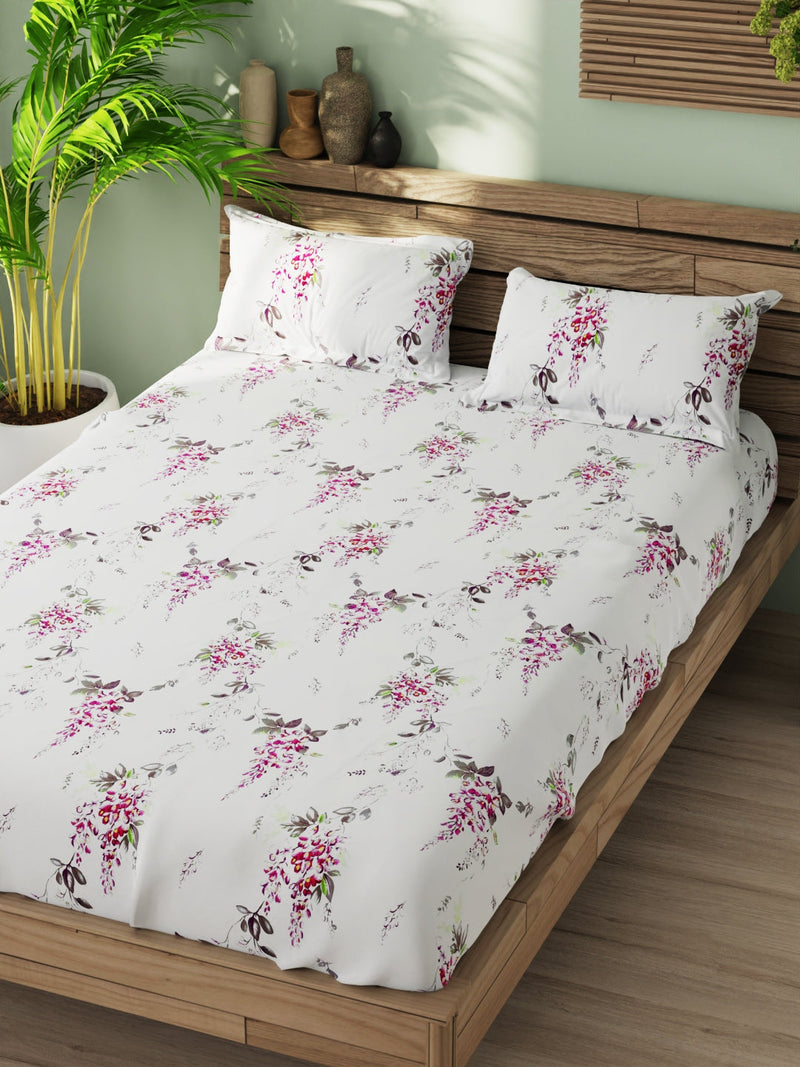 Super Soft 100% Cotton Xl King Size Bedsheet With 2 Pillow Covers <small> (floral-white/pink)</small>