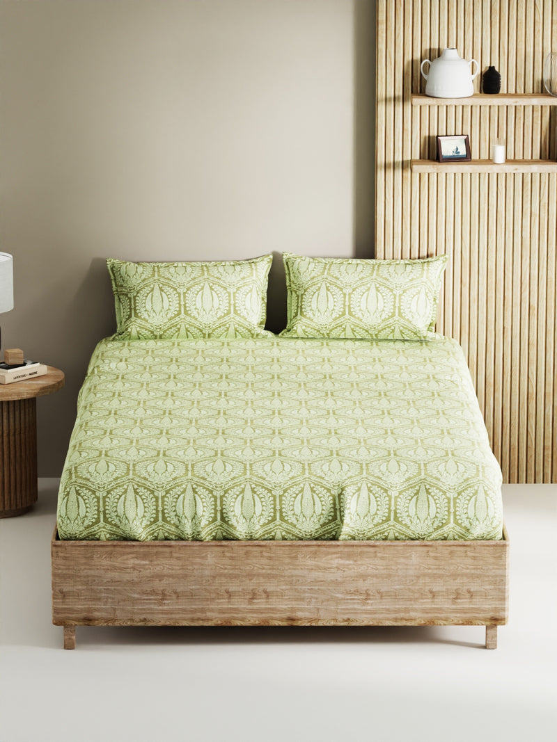 Soft 100% Natural Cotton, King Size Double Bedsheet With 2 Pillow Covers <small> (geometric-sage)</small>
