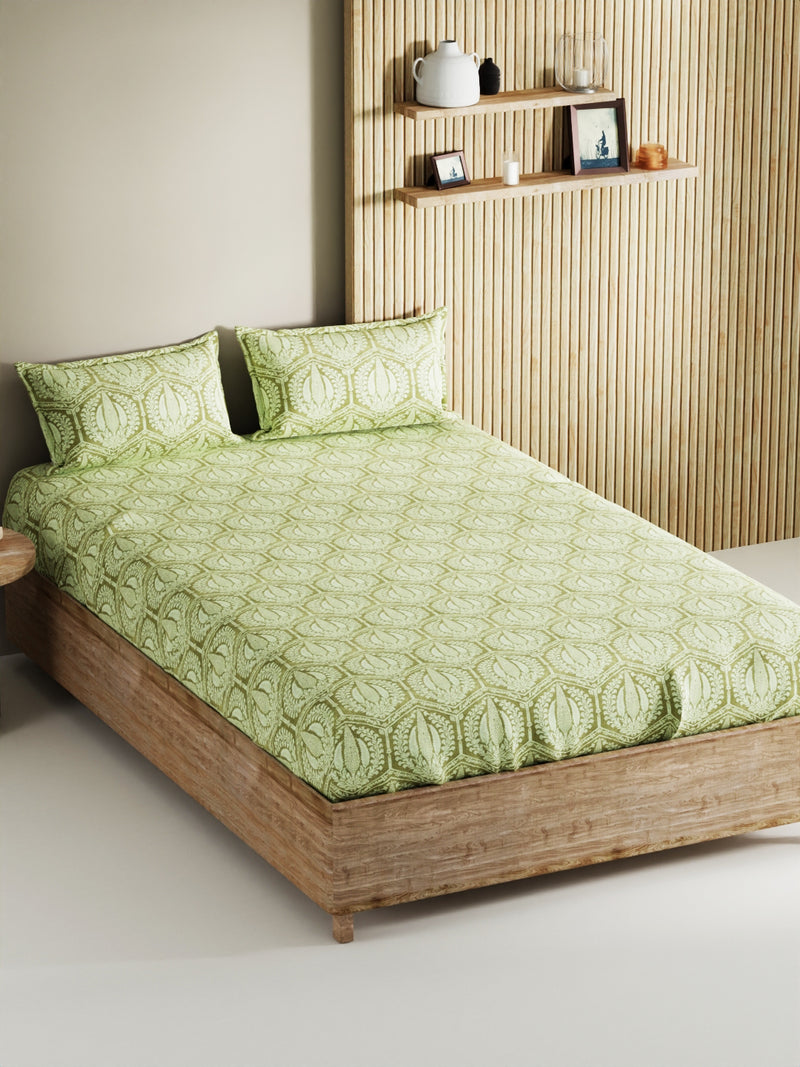 Soft 100% Natural Cotton, King Size Double Bedsheet With 2 Pillow Covers <small> (geometric-sage)</small>