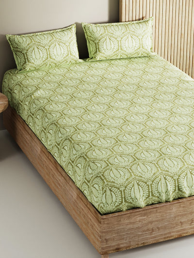 Soft 100% Natural Cotton, King Size Double Bedsheet With 2 Pillow Covers <small> (geometric-sage)</small>