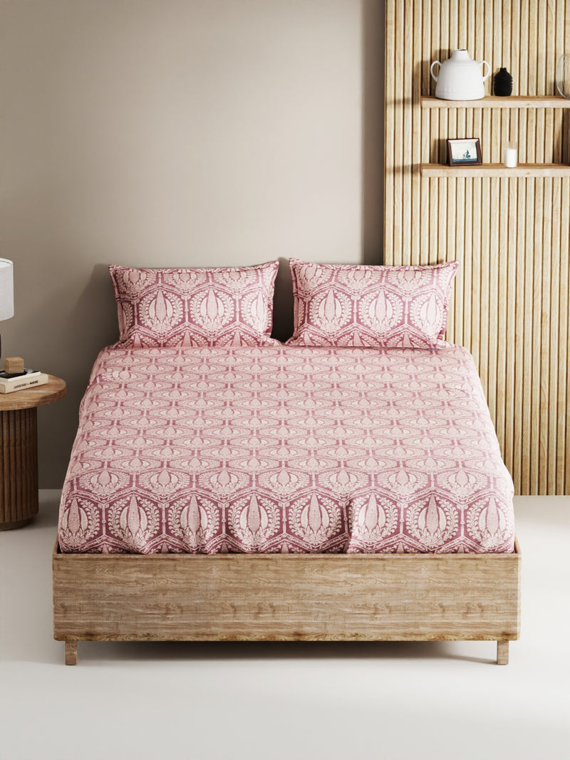 Soft 100% Natural Cotton, King Size Double Bedsheet With 2 Pillow Covers <small> (geometric-wine)</small>