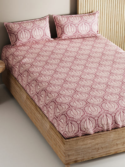 Soft 100% Natural Cotton, King Size Double Bedsheet With 2 Pillow Covers <small> (geometric-wine)</small>