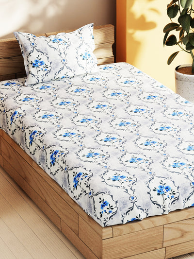 Soft 100% Natural Cotton Single Bedsheet With 1 Pillow Cover <small> (floral-white/blue)</small>