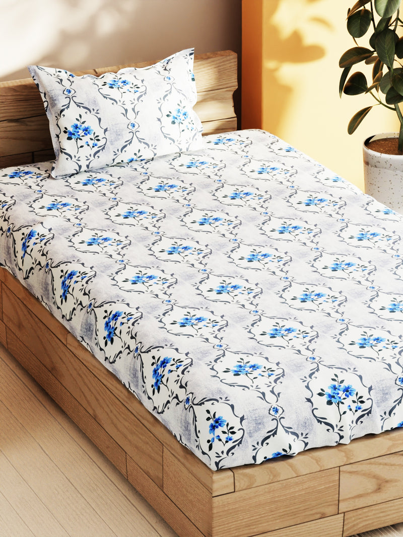 Soft 100% Natural Cotton Single Bedsheet With 1 Pillow Cover <small> (floral-white/blue)</small>