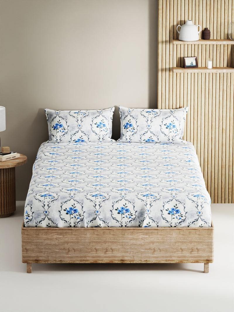 Soft 100% Natural Cotton, King Size Double Bedsheet With 2 Pillow Covers <small> (floral-white/blue)</small>
