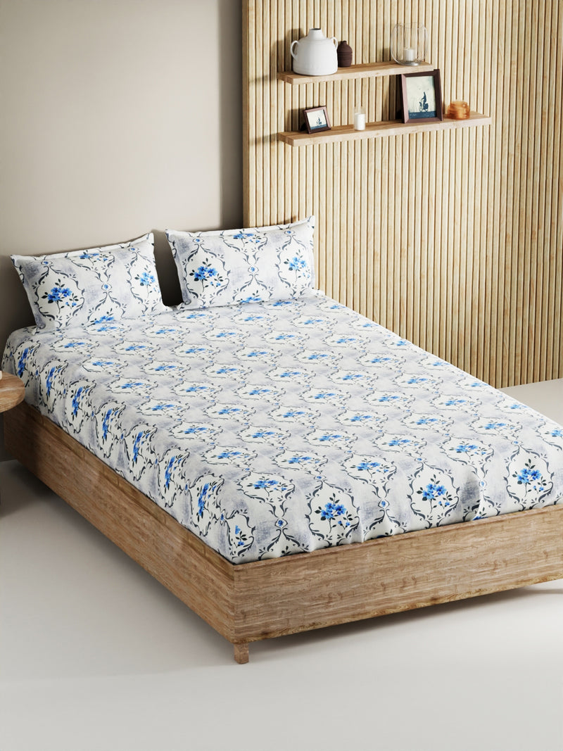 Soft 100% Natural Cotton, King Size Double Bedsheet With 2 Pillow Covers <small> (floral-white/blue)</small>