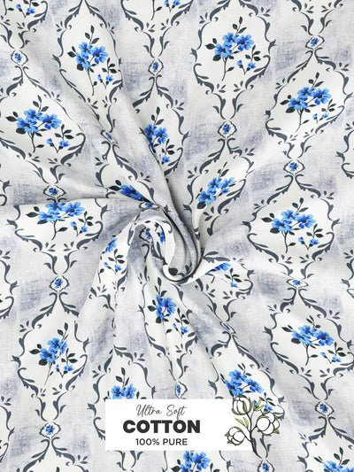 Soft 100% Natural Cotton, King Size Double Bedsheet With 2 Pillow Covers <small> (floral-white/blue)</small>